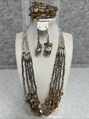 Boho Chic Multi-Strand Brown Shell Bead Necklace, Bracelet & Earring Set